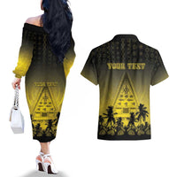 Personalised Palau Independence Day Couples Matching Off The Shoulder Long Sleeve Dress and Hawaiian Shirt Palauan Tattoo Pattern LT05 - Polynesian Pride
