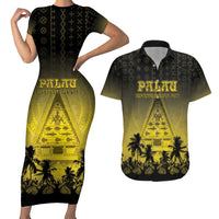 Personalised Palau Independence Day Couples Matching Short Sleeve Bodycon Dress and Hawaiian Shirt Palauan Tattoo Pattern LT05 Black - Polynesian Pride