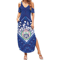 Toa Samoa Rugby Custom Family Matching Summer Maxi Dress and Hawaiian Shirt Samoan Pride With Tribal Pattern LT05 Mom's Dress Blue - Polynesian Pride
