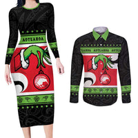 New Zealand Funny Christmas Couples Matching Long Sleeve Bodycon Dress and Long Sleeve Button Shirt Maori Tiki LT05 Black - Polynesian Pride
