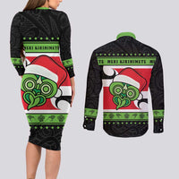 New Zealand Funny Christmas Couples Matching Long Sleeve Bodycon Dress and Long Sleeve Button Shirt Maori Tiki LT05 - Polynesian Pride