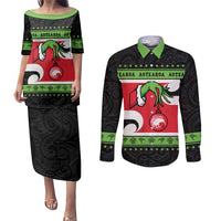 New Zealand Funny Christmas Couples Matching Puletasi and Long Sleeve Button Shirt Maori Tiki LT05 Black - Polynesian Pride