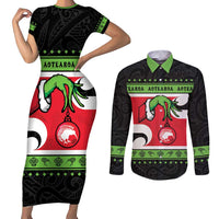New Zealand Funny Christmas Couples Matching Short Sleeve Bodycon Dress and Long Sleeve Button Shirt Maori Tiki LT05 Black - Polynesian Pride