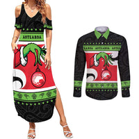 New Zealand Funny Christmas Couples Matching Summer Maxi Dress and Long Sleeve Button Shirt Maori Tiki LT05 Black - Polynesian Pride