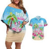 Hawaii Christmas Couples Matching Off Shoulder Short Dress and Hawaiian Shirt Deck The Palms Holiday Flamingos LT05 Blue - Polynesian Pride