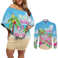Hawaii Christmas Couples Matching Off Shoulder Short Dress and Long Sleeve Button Shirt Deck The Palms Holiday Flamingos LT05 Blue - Polynesian Pride