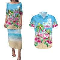 Hawaii Christmas Couples Matching Puletasi and Hawaiian Shirt Deck The Palms Holiday Flamingos LT05 Blue - Polynesian Pride