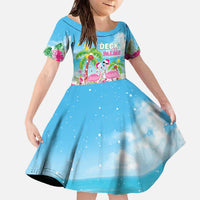 Hawaii Christmas Family Matching Off The Shoulder Long Sleeve Dress and Hawaiian Shirt Deck The Palms Holiday Flamingos LT05 Daughter's Dress Blue - Polynesian Pride