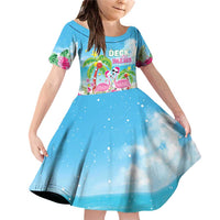Hawaii Christmas Family Matching Off Shoulder Short Dress and Hawaiian Shirt Deck The Palms Holiday Flamingos LT05 Daughter's Dress Blue - Polynesian Pride