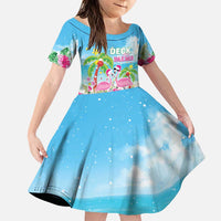 Hawaii Christmas Family Matching Puletasi and Hawaiian Shirt Deck The Palms Holiday Flamingos LT05 Daughter's Dress Blue - Polynesian Pride