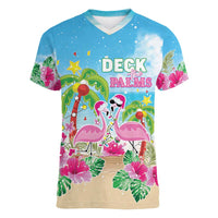 Hawaii Christmas Women V-Neck T-Shirt Deck The Palms Holiday Flamingos LT05 Female Blue - Polynesian Pride