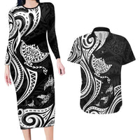 Hawaii Manta Ray Couples Matching Long Sleeve Bodycon Dress and Hawaiian Shirt Polynesian Art Tattoo LT05 Black - Polynesian Pride