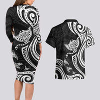 Hawaii Manta Ray Couples Matching Long Sleeve Bodycon Dress and Hawaiian Shirt Polynesian Art Tattoo LT05 - Polynesian Pride