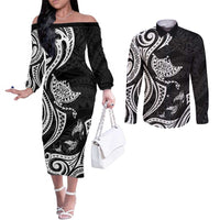 Hawaii Manta Ray Couples Matching Off The Shoulder Long Sleeve Dress and Long Sleeve Button Shirt Polynesian Art Tattoo