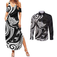 Hawaii Manta Ray Couples Matching Summer Maxi Dress and Long Sleeve Button Shirt Polynesian Art Tattoo