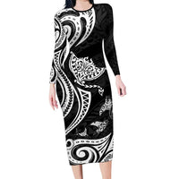 Hawaii Manta Ray Family Matching Long Sleeve Bodycon Dress and Hawaiian Shirt Polynesian Art Tattoo