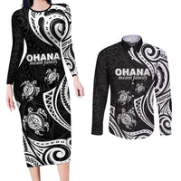 Hawaii Ohana Means Family Couples Matching Long Sleeve Bodycon Dress and Long Sleeve Button Shirt Sea Turtle Polynesian Style LT05 Black - Polynesian Pride