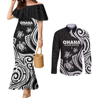 Hawaii Ohana Means Family Couples Matching Mermaid Dress and Long Sleeve Button Shirt Sea Turtle Polynesian Style LT05 Black - Polynesian Pride