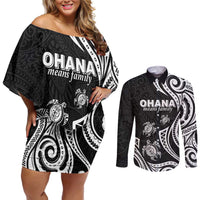 Hawaii Ohana Means Family Couples Matching Off Shoulder Short Dress and Long Sleeve Button Shirt Sea Turtle Polynesian Style LT05 Black - Polynesian Pride