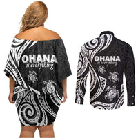 Hawaii Ohana Means Family Couples Matching Off Shoulder Short Dress and Long Sleeve Button Shirt Sea Turtle Polynesian Style LT05 - Polynesian Pride