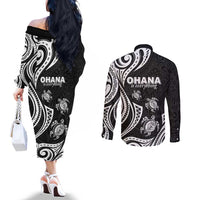 Hawaii Ohana Means Family Couples Matching Off The Shoulder Long Sleeve Dress and Long Sleeve Button Shirt Sea Turtle Polynesian Style LT05 - Polynesian Pride