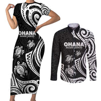 Hawaii Ohana Means Family Couples Matching Short Sleeve Bodycon Dress and Long Sleeve Button Shirt Sea Turtle Polynesian Style LT05 Black - Polynesian Pride