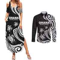 Hawaii Ohana Means Family Couples Matching Summer Maxi Dress and Long Sleeve Button Shirt Sea Turtle Polynesian Style LT05 Black - Polynesian Pride