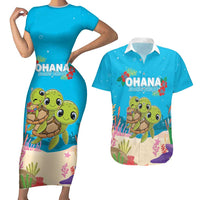 Ohana Hawaii Couples Matching Short Sleeve Bodycon Dress and Hawaiian Shirt Kawaii Family Turtle LT05 Blue - Polynesian Pride