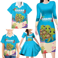 Ohana Hawaii Family Matching Long Sleeve Bodycon Dress and Hawaiian Shirt Kawaii Family Turtle