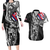 Hawaii King Flag Couples Matching Long Sleeve Bodycon Dress and Hawaiian Shirt Hawaiian Maile Lei LT05 Black - Polynesian Pride