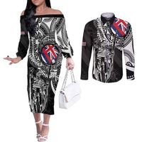 Hawaii King Flag Couples Matching Off The Shoulder Long Sleeve Dress and Long Sleeve Button Shirt Hawaiian Maile Lei LT05 Black - Polynesian Pride