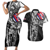 Hawaii King Flag Couples Matching Short Sleeve Bodycon Dress and Hawaiian Shirt Hawaiian Maile Lei LT05 Black - Polynesian Pride