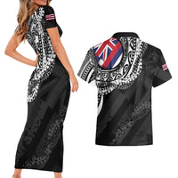 Hawaii King Flag Couples Matching Short Sleeve Bodycon Dress and Hawaiian Shirt Hawaiian Maile Lei LT05 - Polynesian Pride