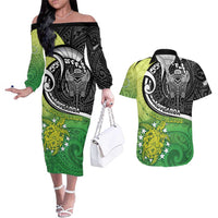 Personalised New Zealand Cook Islands Couples Matching Off The Shoulder Long Sleeve Dress and Hawaiian Shirt Maori Tiki With Circle Stars Turtle LT05 Multicolor - Polynesian Pride