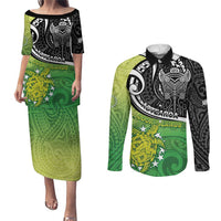 Personalised New Zealand Cook Islands Couples Matching Puletasi and Long Sleeve Button Shirt Maori Tiki With Circle Stars Turtle LT05 Multicolor - Polynesian Pride
