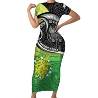 Personalised New Zealand Cook Islands Family Matching Short Sleeve Bodycon Dress and Hawaiian Shirt Maori Tiki With Circle Stars Turtle LT05 Mom's Dress Multicolor - Polynesian Pride