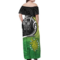 Personalised New Zealand Cook Islands Off Shoulder Maxi Dress Maori Tiki With Circle Stars Turtle LT05 - Polynesian Pride
