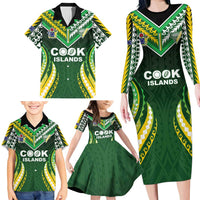 Custom Cook Islands Rugby Family Matching Long Sleeve Bodycon Dress and Hawaiian Shirt Unique Style Green Version LT05 - Polynesian Pride