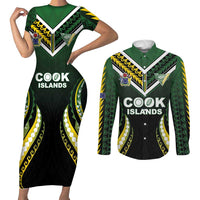 Custom Cook Islands Rugby Couples Matching Short Sleeve Bodycon Dress and Long Sleeve Button Shirt Unique Style Black Version - Polynesian Pride