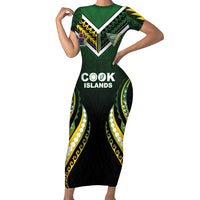 Custom Cook Islands Rugby Family Matching Short Sleeve Bodycon Dress and Hawaiian Shirt Unique Style Black Version LT05 Mom's Dress Black - Polynesian Pride