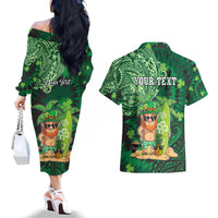 Personalised Hawaii St.Patrick Day Couples Matching Off The Shoulder Long Sleeve Dress and Hawaiian Shirt Surfing Leprechaun LT05 - Polynesian Pride