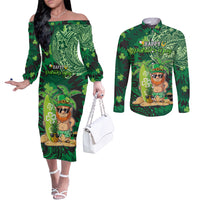 Personalised Hawaii St.Patrick Day Couples Matching Off The Shoulder Long Sleeve Dress and Long Sleeve Button Shirt Surfing Leprechaun LT05 Green - Polynesian Pride
