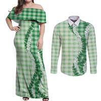Green Hawaii Palaka Couples Matching Off Shoulder Maxi Dress and Long Sleeve Button Shirt Hawaiian Honohono Lei LT05 Green - Polynesian Pride