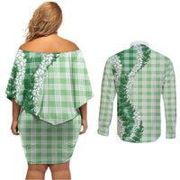 Green Hawaii Palaka Couples Matching Off Shoulder Short Dress and Long Sleeve Button Shirt Hawaiian Honohono Lei LT05 - Polynesian Pride
