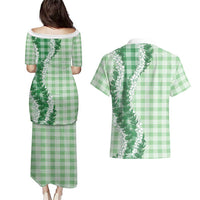 Green Hawaii Palaka Couples Matching Puletasi and Hawaiian Shirt Hawaiian Honohono Lei LT05 - Polynesian Pride