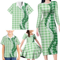 Green Hawaii Palaka Family Matching Long Sleeve Bodycon Dress and Hawaiian Shirt Hawaiian Honohono Lei LT05 - Polynesian Pride