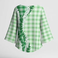 Green Hawaii Palaka Kimono Sleeve Blouse Hawaiian Honohono Lei