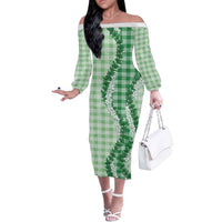 Green Hawaii Palaka Off The Shoulder Long Sleeve Dress Hawaiian Honohono Lei LT05 Women Green - Polynesian Pride