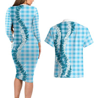 Blue Hawaii Palaka Couples Matching Long Sleeve Bodycon Dress and Hawaiian Shirt Hawaiian Honohono Lei LT05 - Polynesian Pride