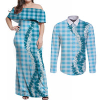 Blue Hawaii Palaka Couples Matching Off Shoulder Maxi Dress and Long Sleeve Button Shirt Hawaiian Honohono Lei LT05 Blue - Polynesian Pride